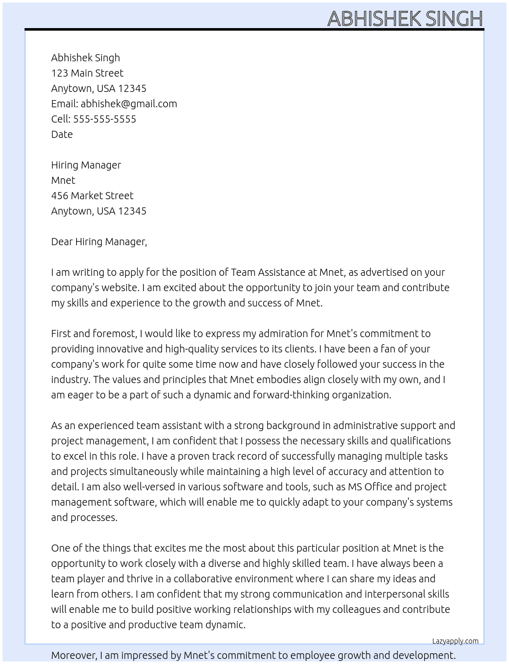 Team assistance At Mnet Cover Letter