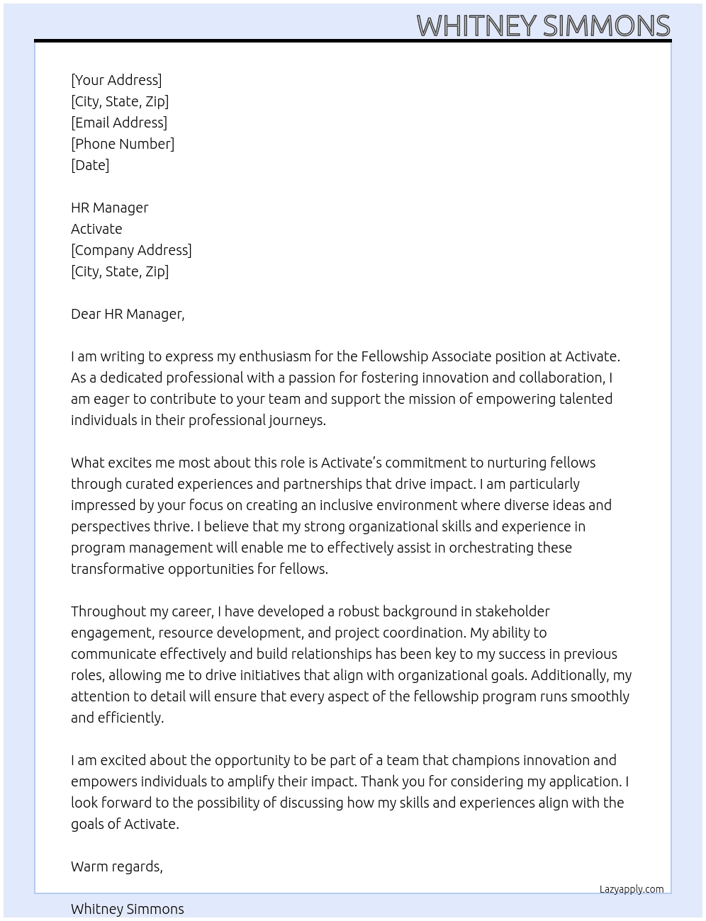 Fellowship Associate (US-based) At Activate Cover Letter