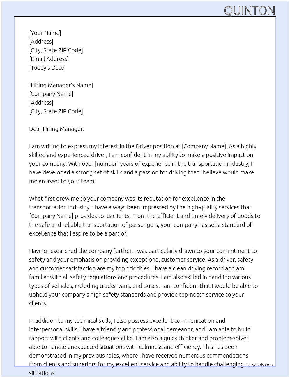 driver At driver Cover Letter