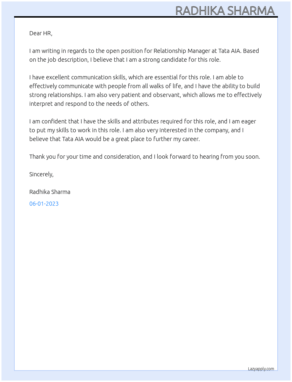 Relationship Manager  At Tata AIA Cover Letter