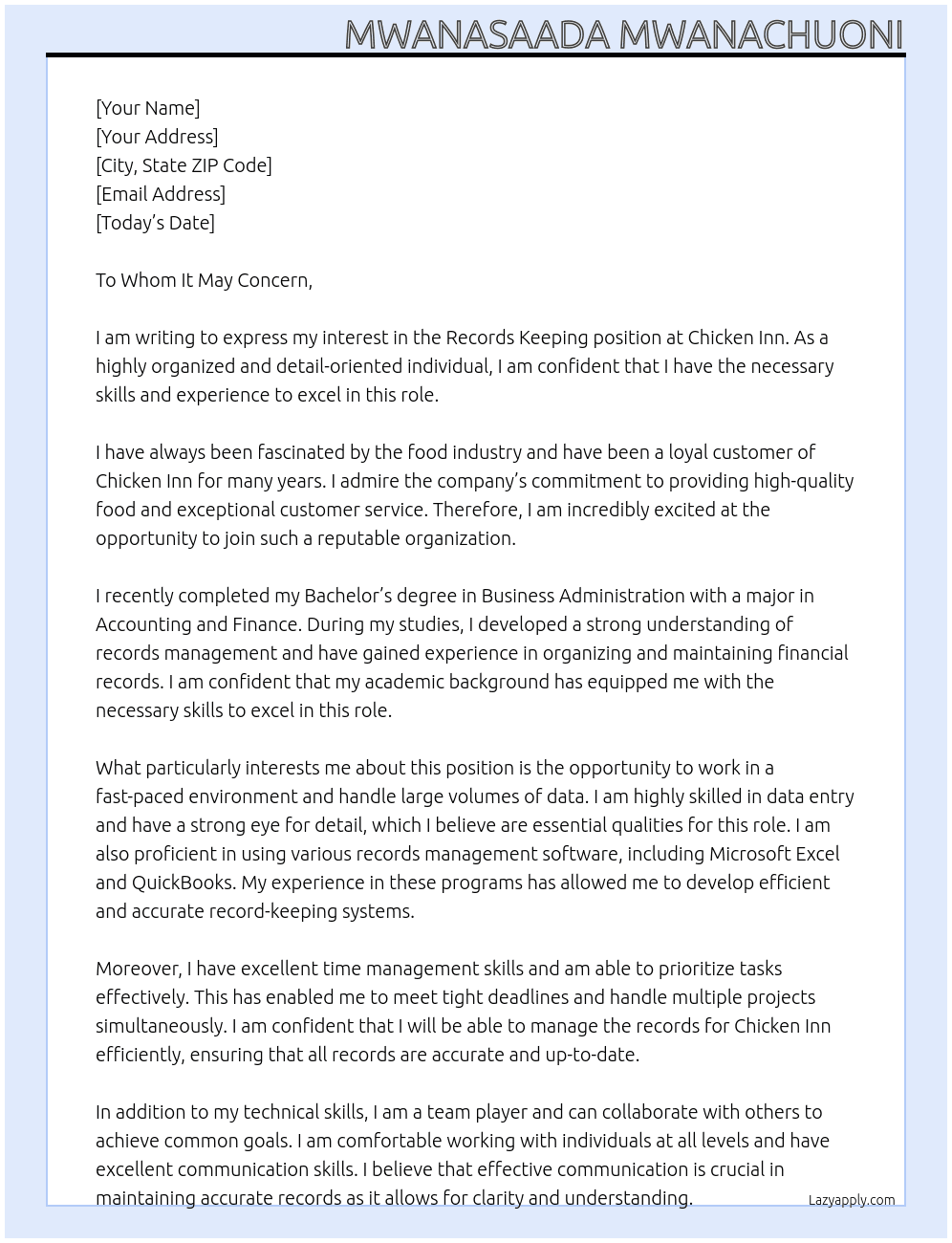 records keeping At Chicken Inn Cover Letter