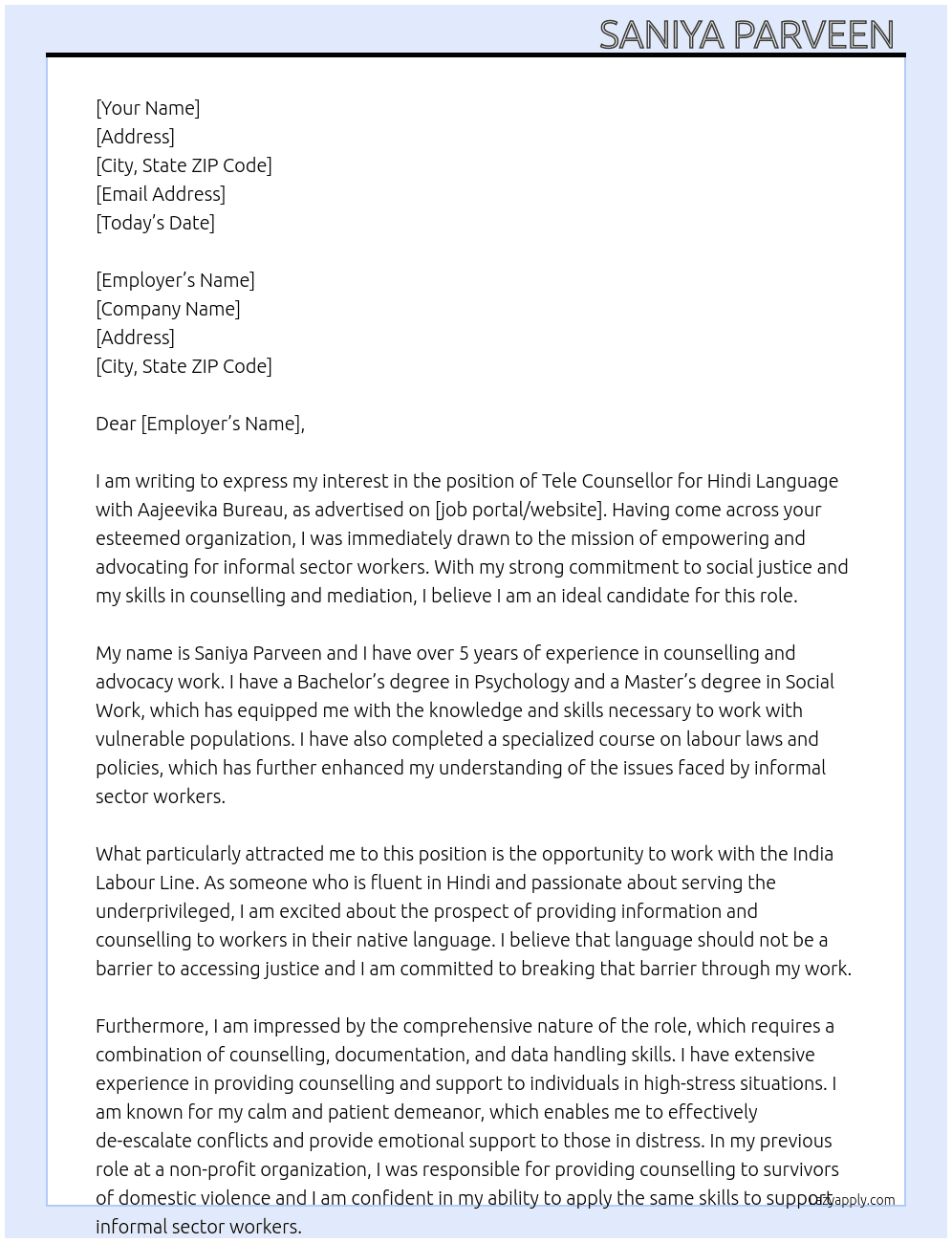 Tele Counsellors for Hindi Language Based in Gurgaon” At Aajeevika Bureau Cover Letter