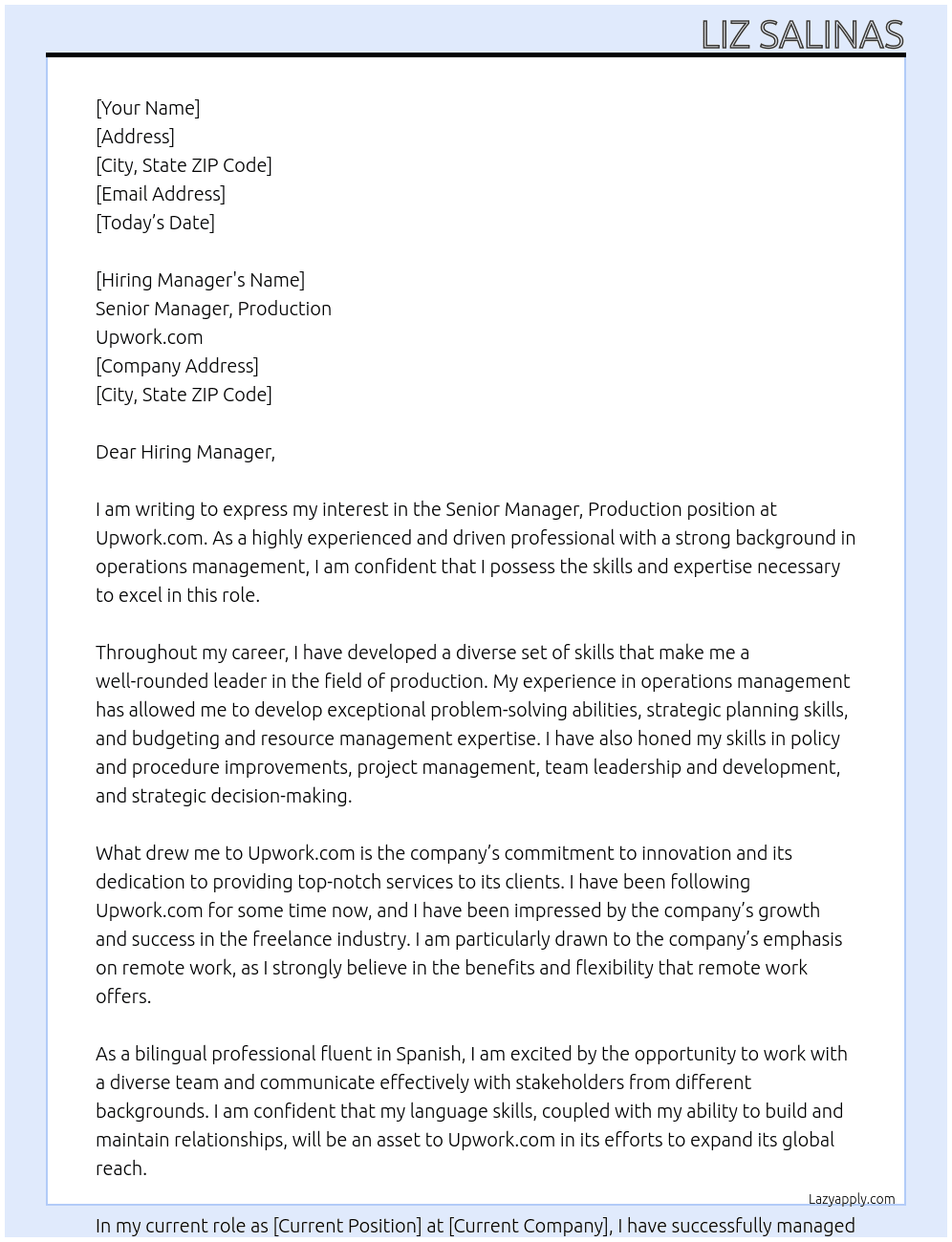 Senior Manager, Production At Upwork.com Cover Letter