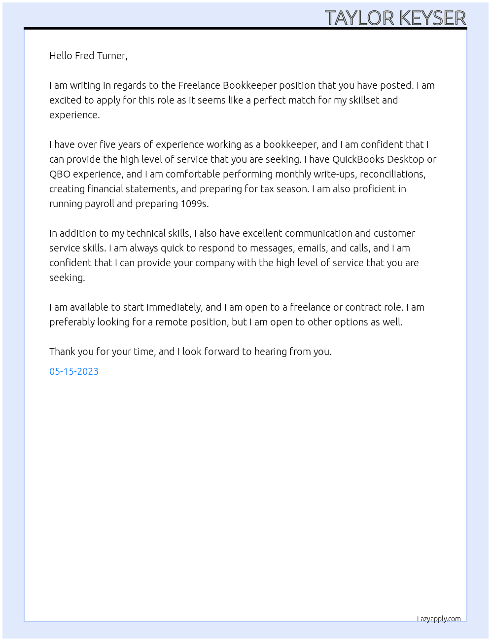 Freelance Bookkeeper  At Melon Sky Corporation  Cover Letter