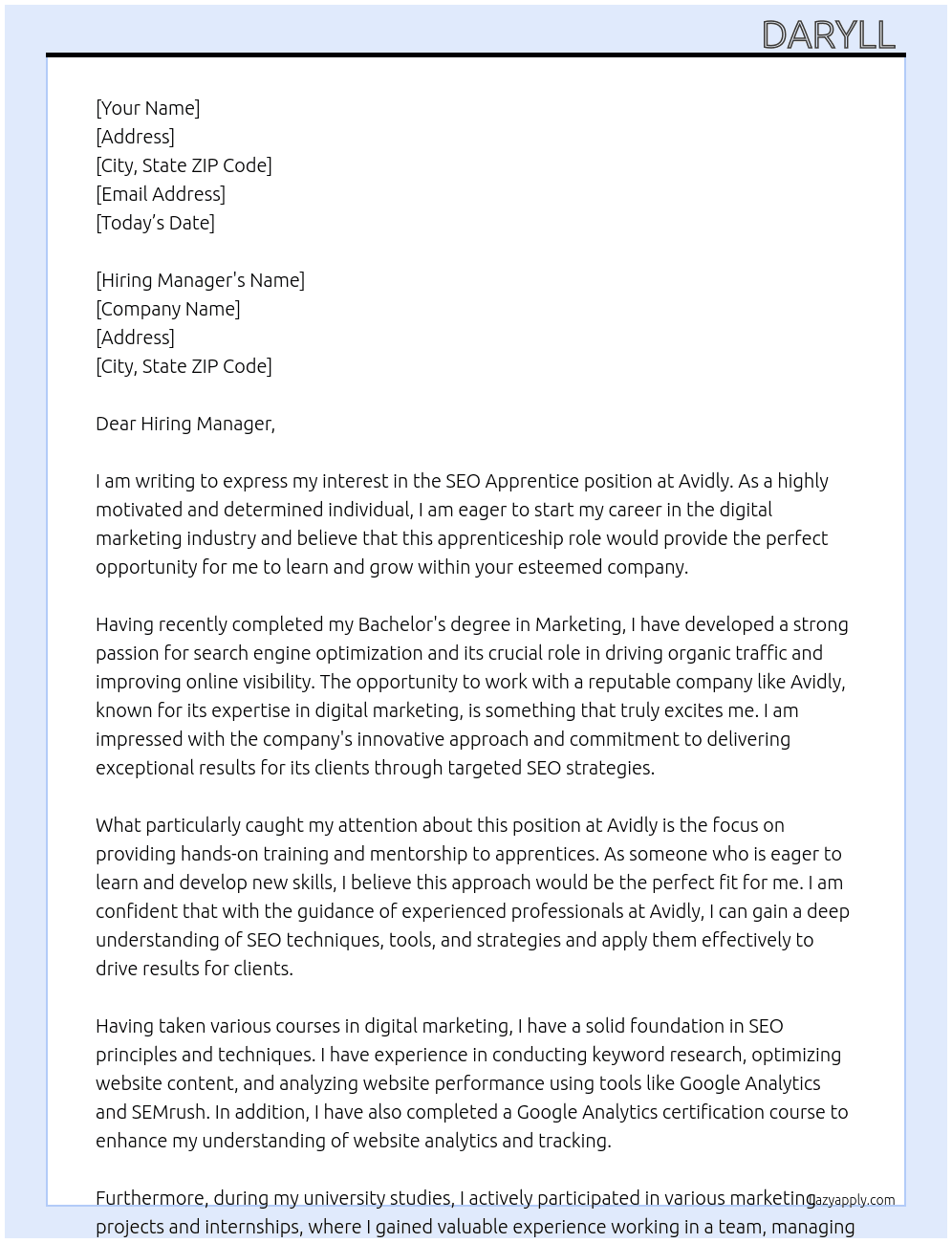 SEO Apprentice At Avidly  Cover Letter