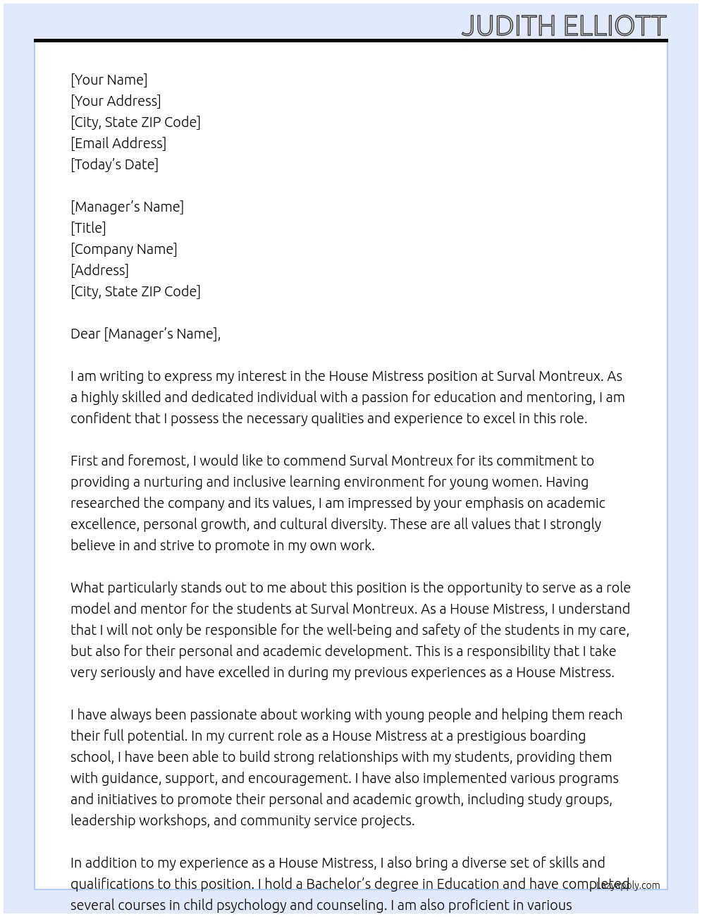 Cover letter for house mistress - LazyApply