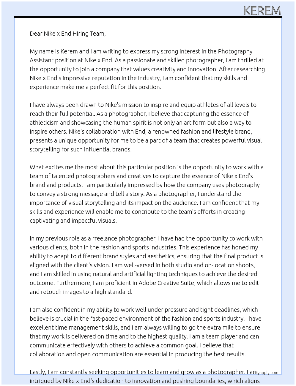 Photography assistant At Nike x End Cover Letter