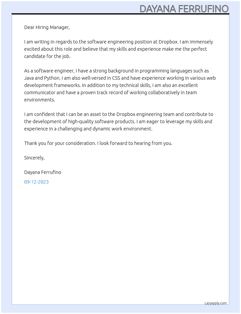 Software Engineer At Dropbox Cover Letter