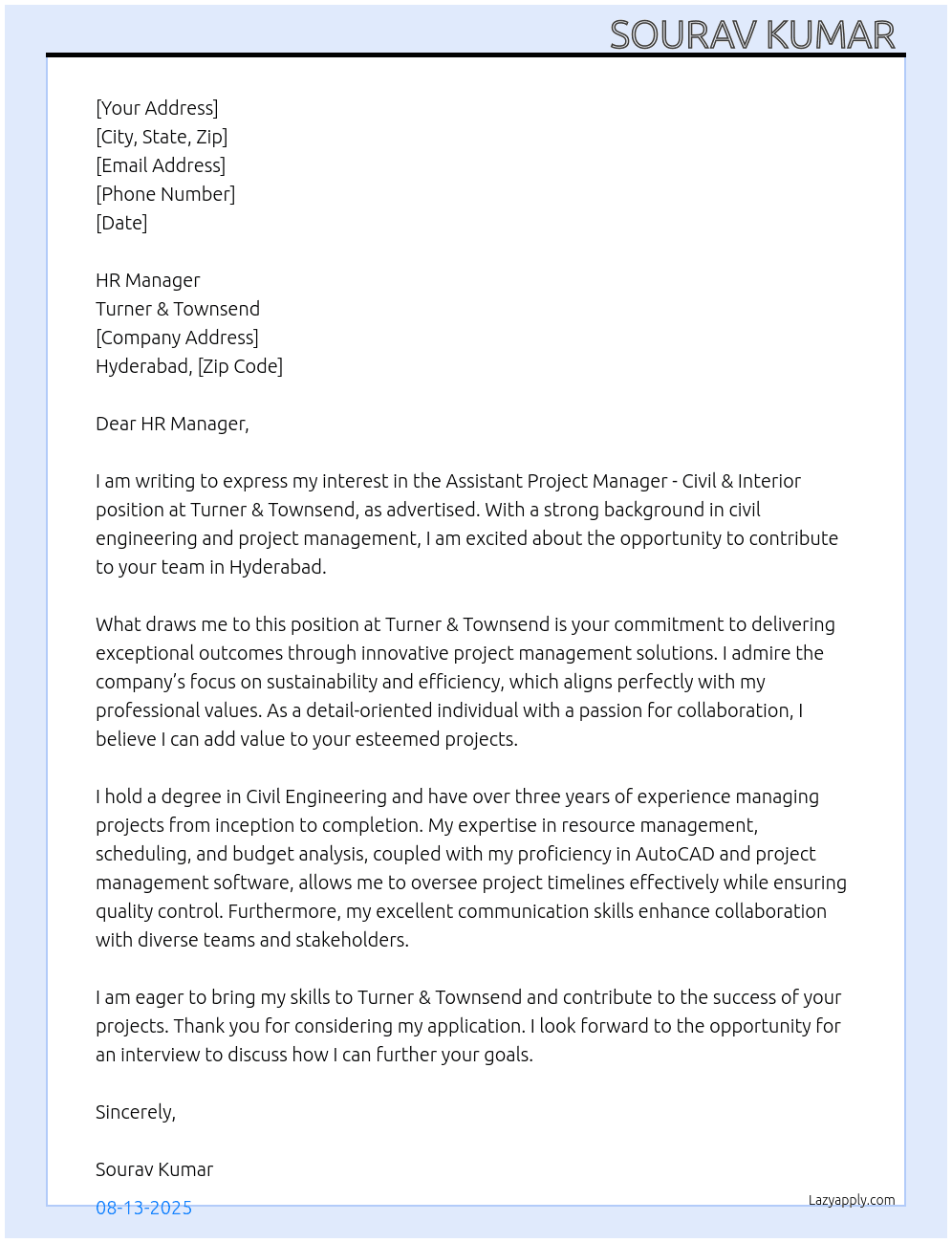 Assistant Project Manager - Civil & Interior At Turner & Townsend Cover Letter