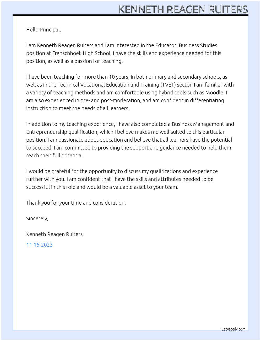 Educator: Business Studies At Franschhoek High School Cover Letter