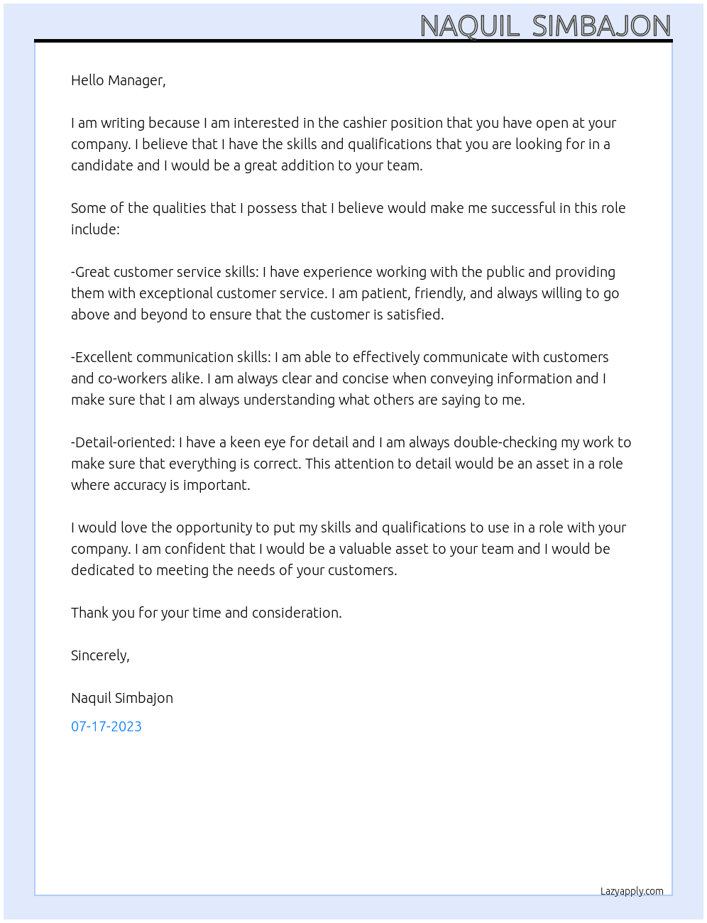 CAshier At Cashier Cover Letter