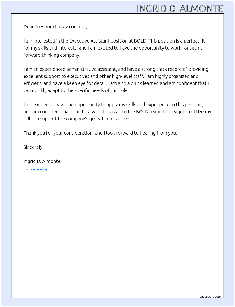 Executive Assistant At BOLD Cover Letter