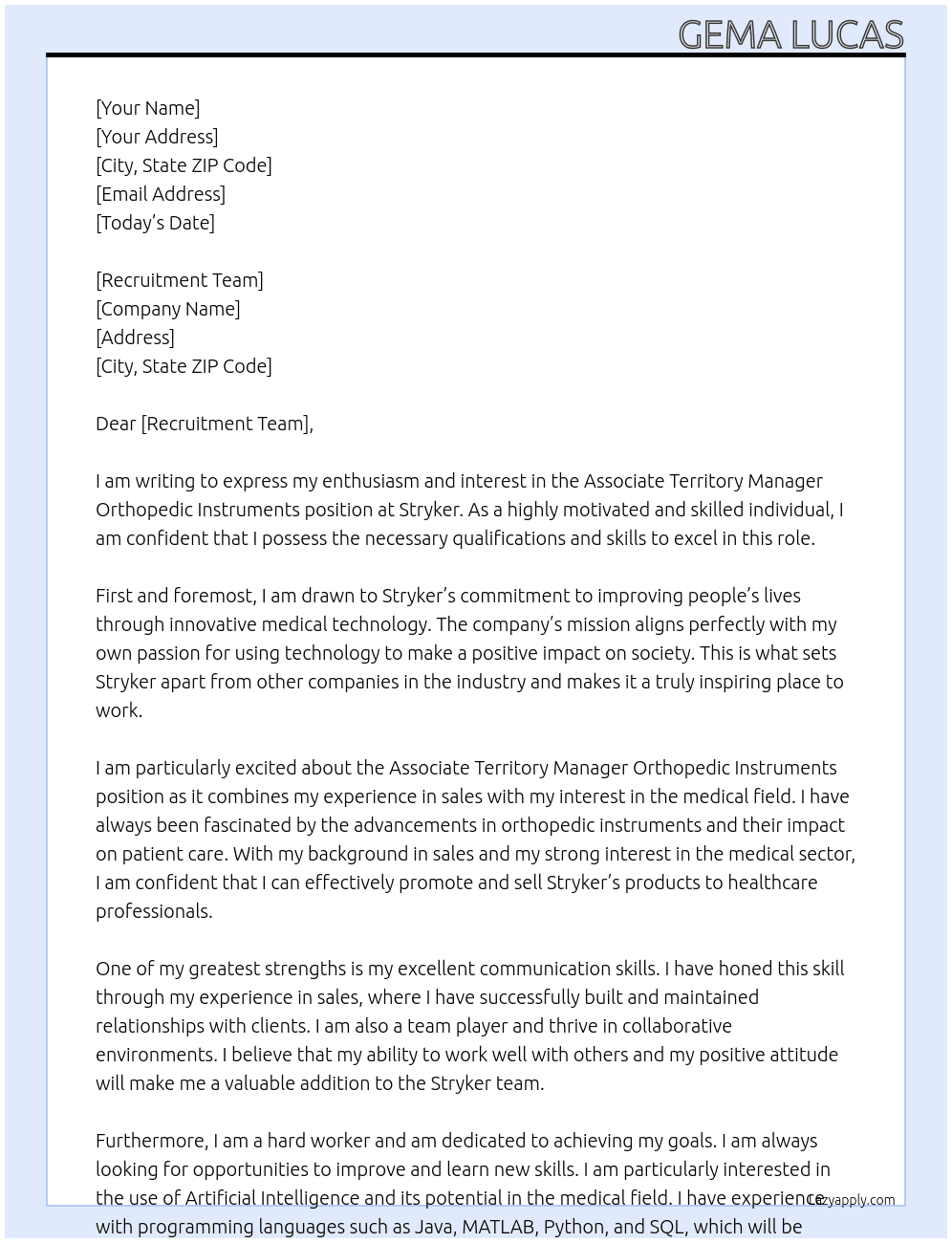 Associate Territory Manager Orthopedic Instruments At Stryker Cover Letter