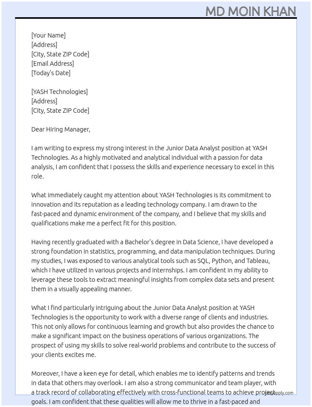 junior data analyst At YASH Technologies Cover Letter