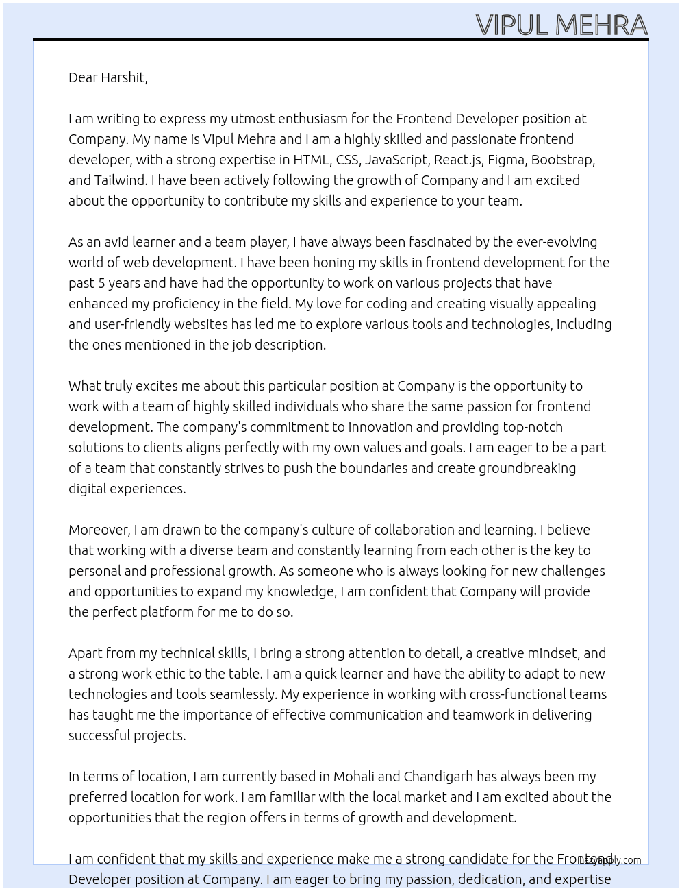 frontend developer At company Cover Letter