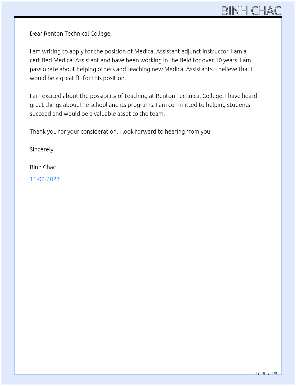  Medical Assistant adjunct instructors At Renton Technical College Cover Letter