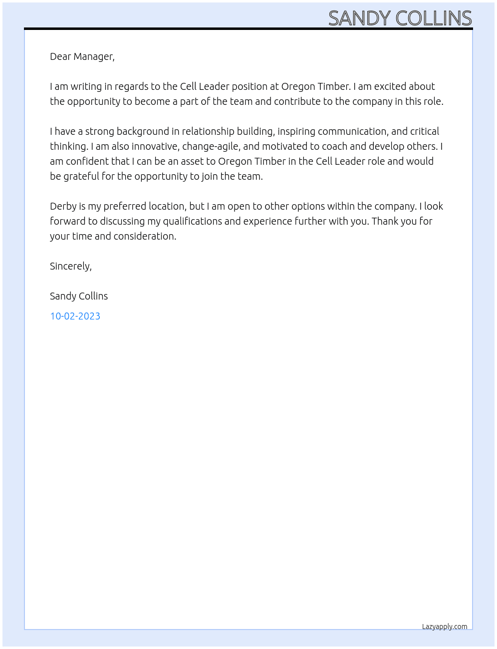 Cell leader At Oregon timber Cover Letter