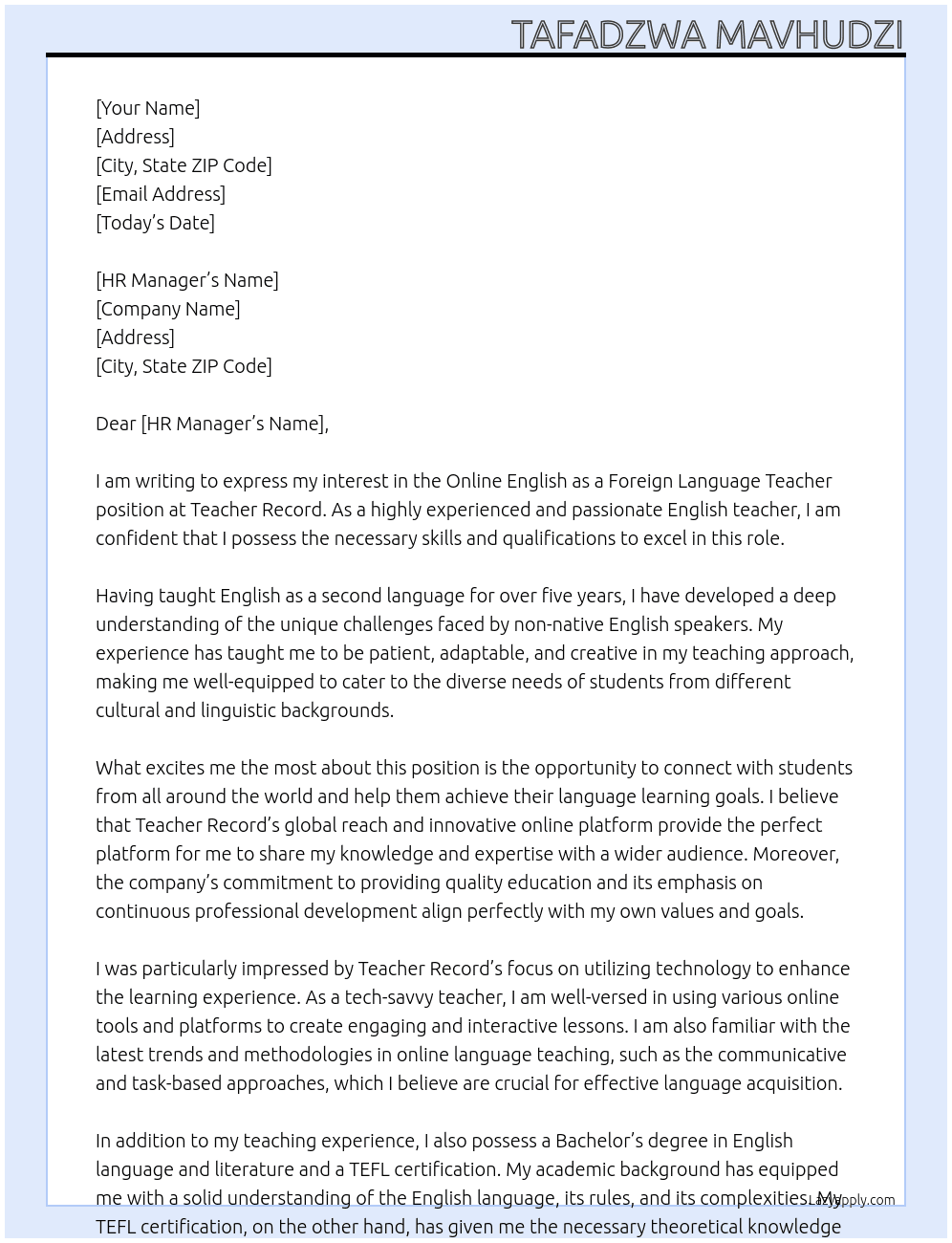 Online English as a Foreign Language Teacher At Teacher Record Cover Letter