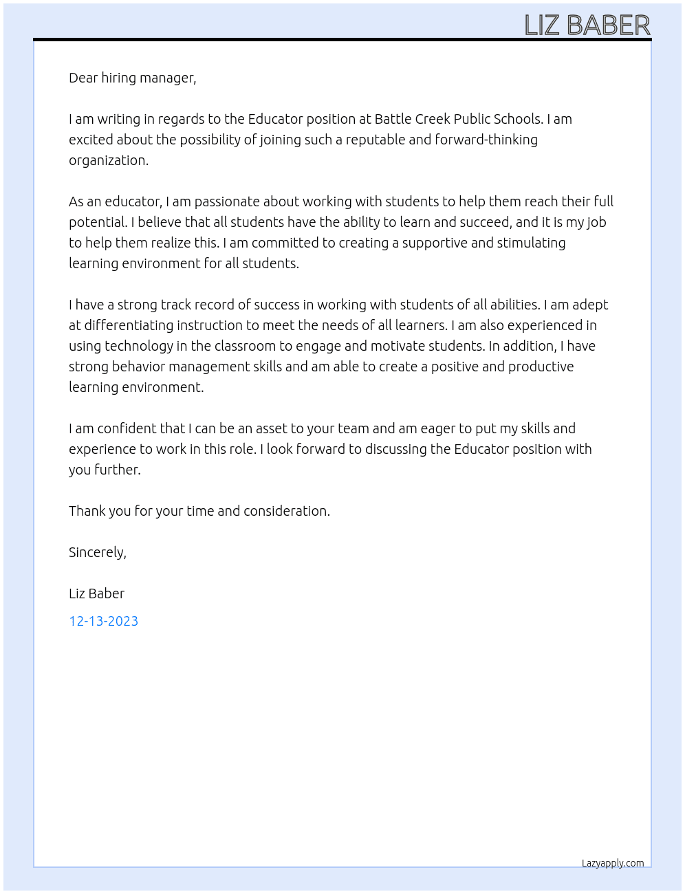 Educator At Battle Creek Public Schools Cover Letter
