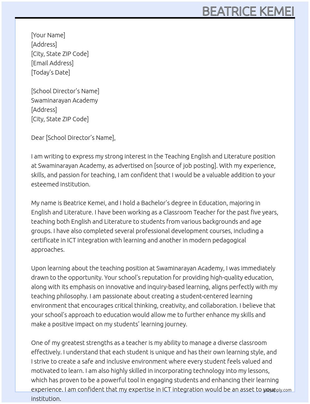 Teaching English and literature position  At Swaminarayan Academy Cover Letter