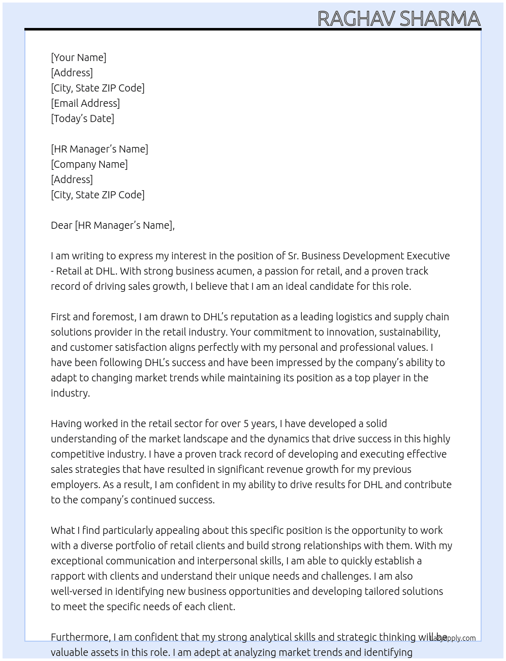 Cover letter for sr. business development executive - retail - LazyApply