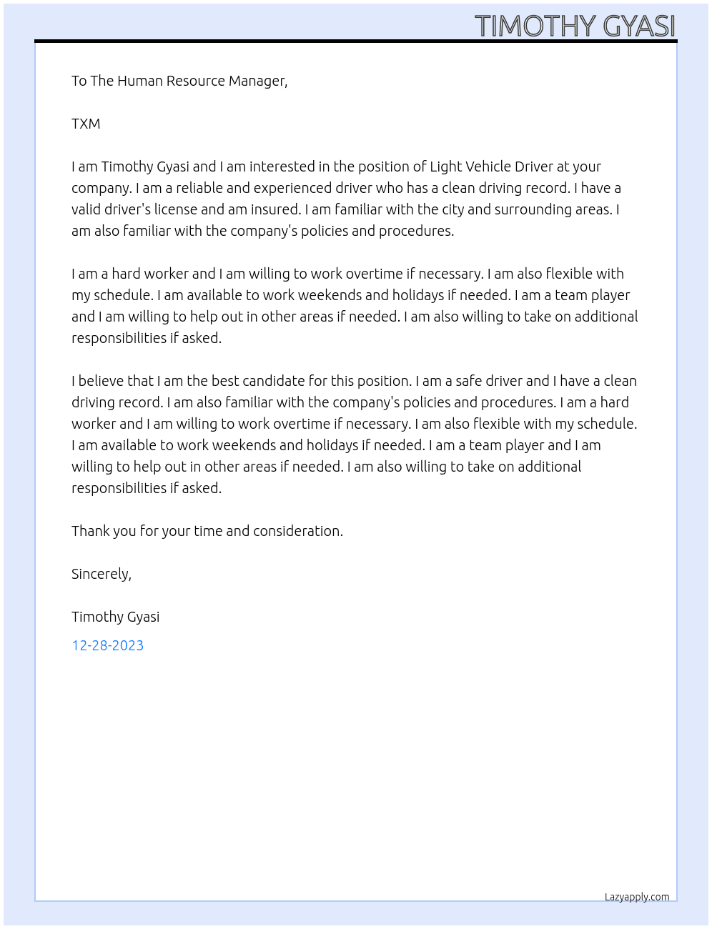 Light Vehicle Driver At TXM Cover Letter