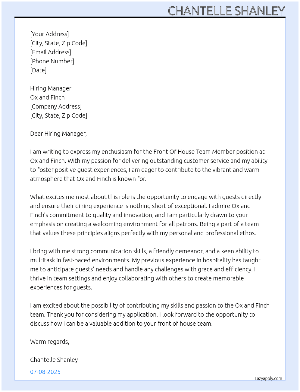 Front Of House Team Member At Ox and Finch Cover Letter