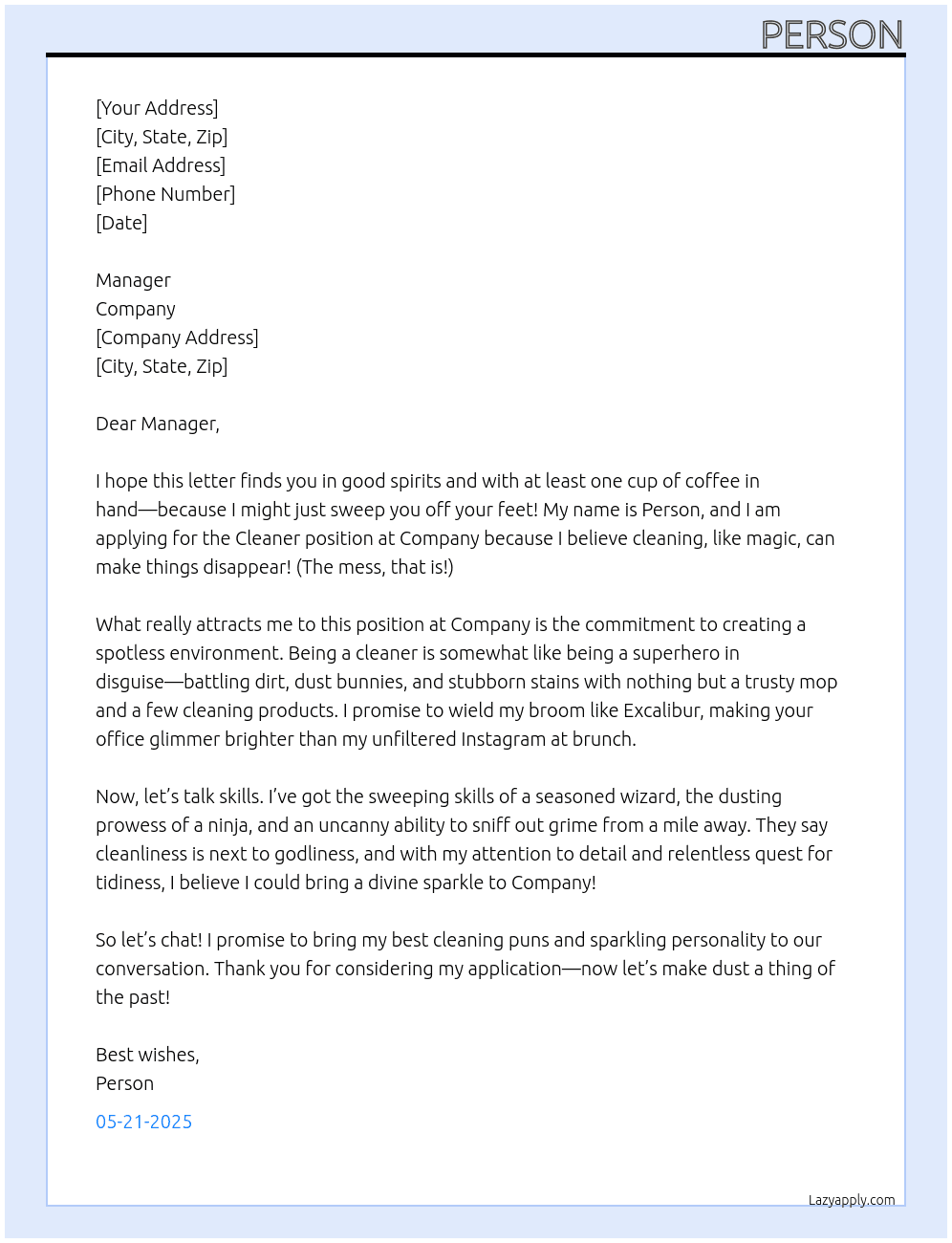 Cleaner At Company Cover Letter
