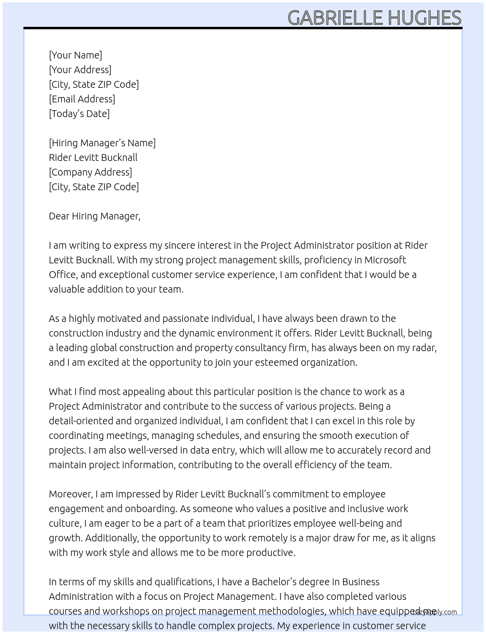 Project Administrator At Rider Levitt Bucknall Cover Letter