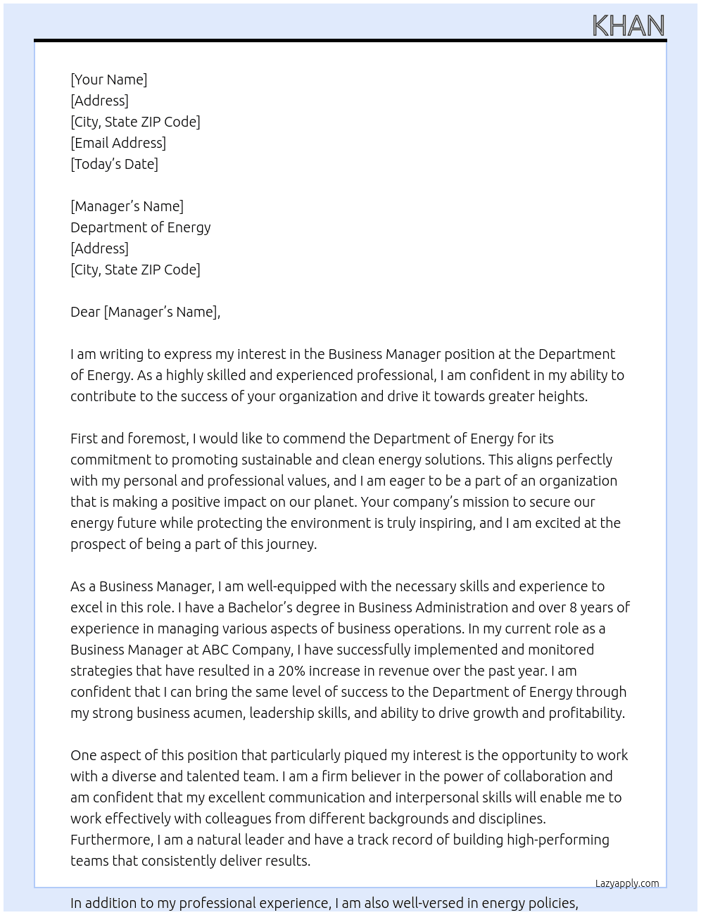 Business Manager At Department of Energy Cover Letter