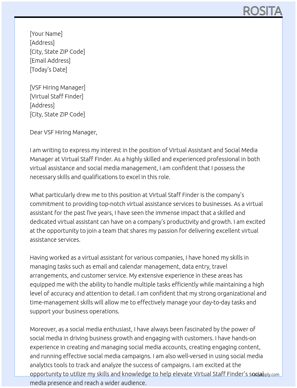 Virtual Assistant and Social Media Manager At Virtual Staff Finder Cover Letter