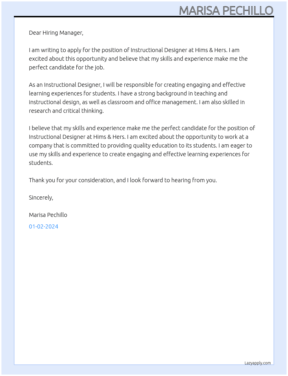 Instructional Designer At hims & hers Cover Letter