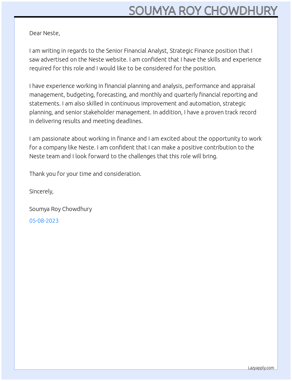 Senior Financial Analyst, Strategic Finance At Neste Cover Letter