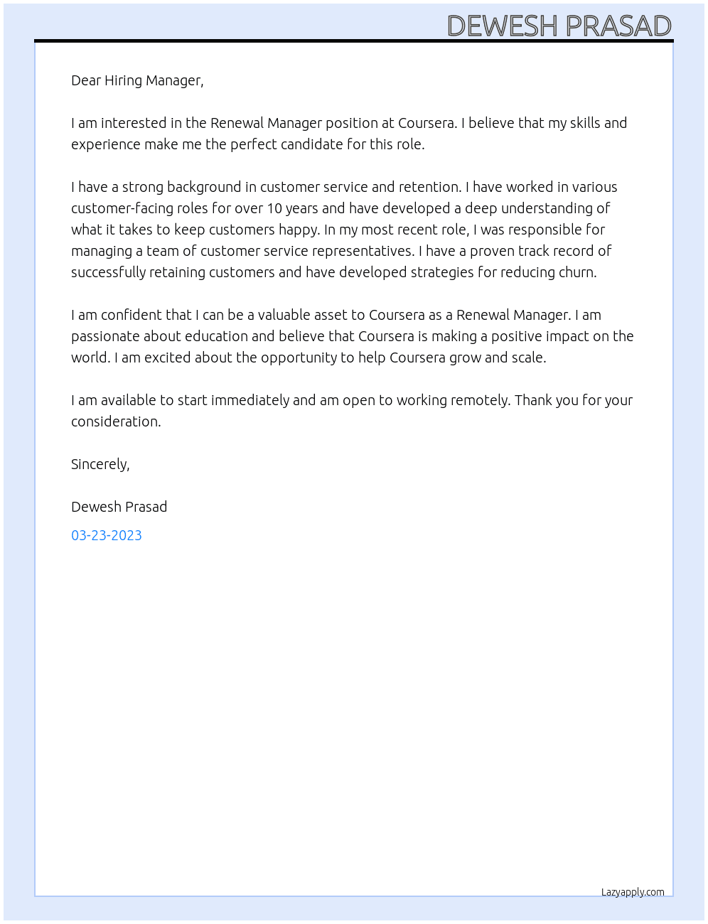 Renewal Manager At Coursera Cover Letter