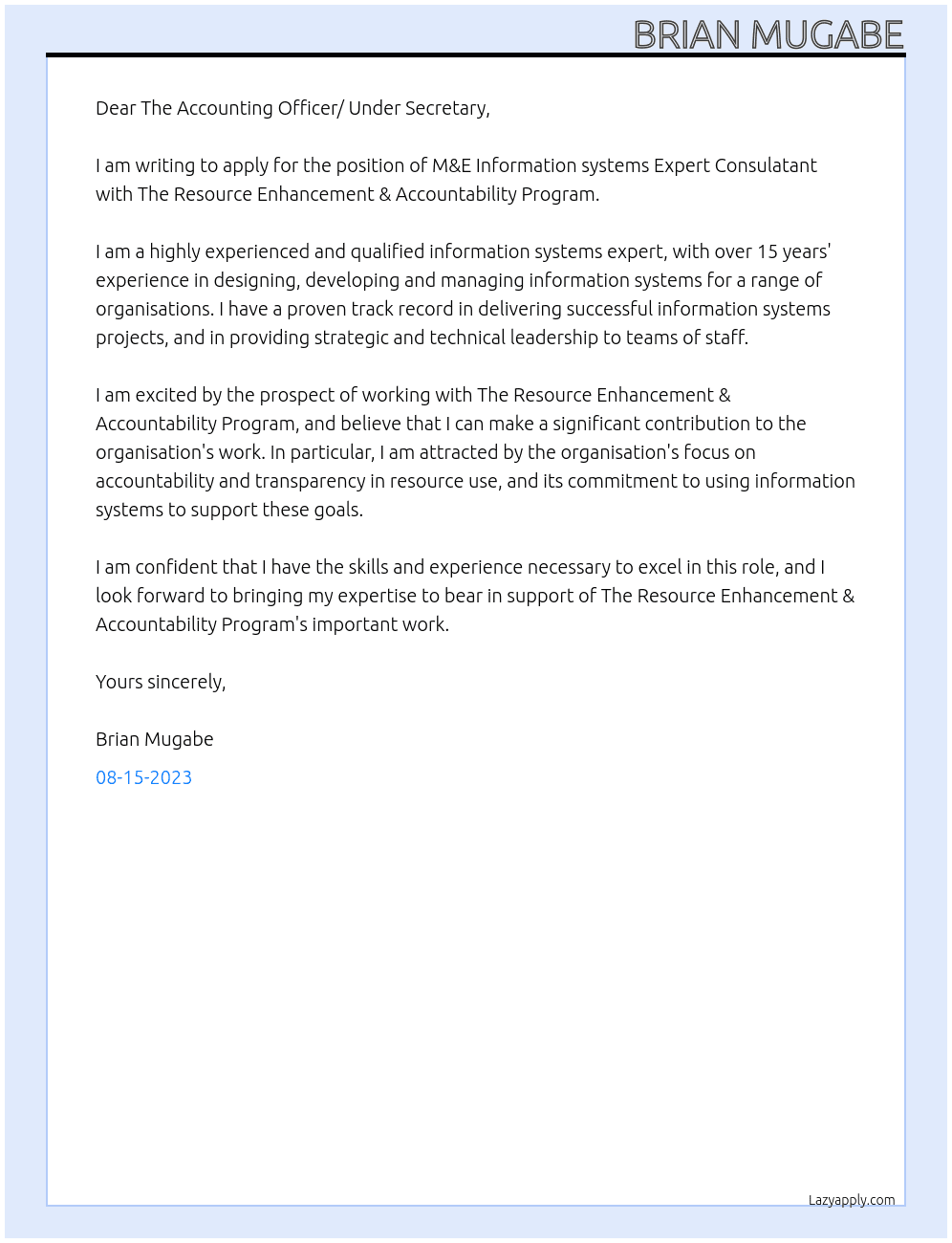 M&E Information systems Expert Consulatant At The Resource Enhancement & Accountability Program Cover Letter