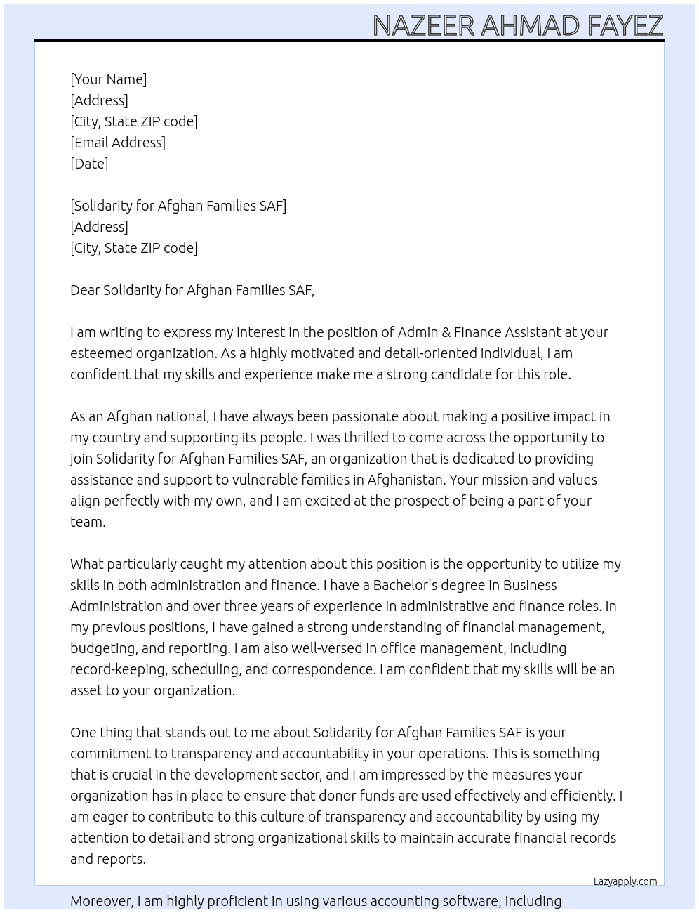 Admin & Finance Assistant At  Solidarity for Afghan Families SAF Cover Letter