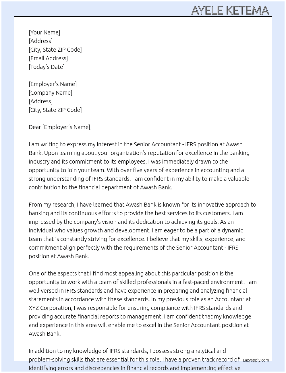 Senior Accountant -IFRS At Awash Bank  Cover Letter