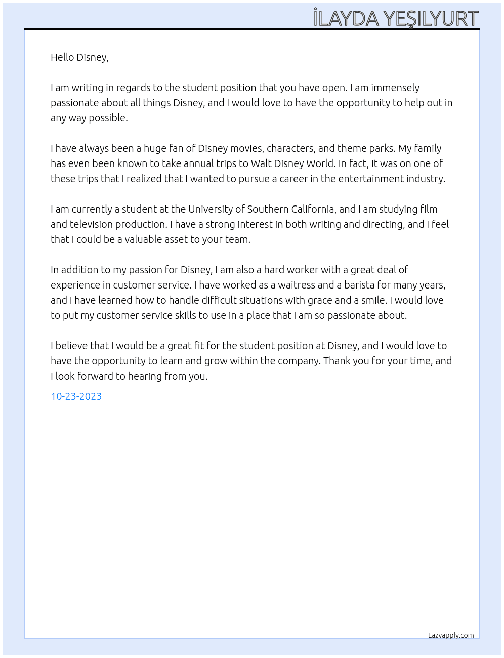 Student At Disney Cover Letter