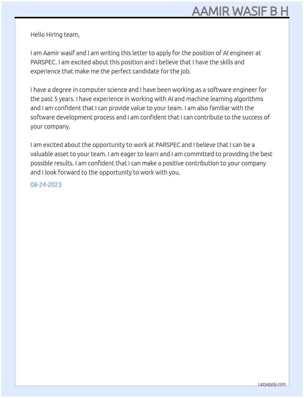 Ai engineer At PARSPEC Cover Letter