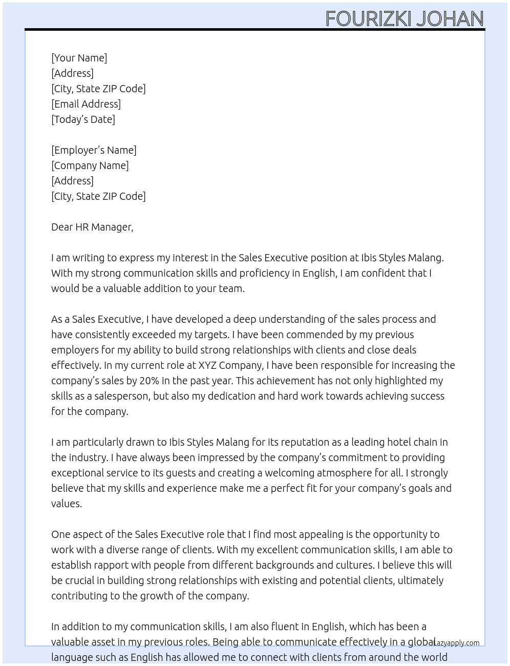 Sales Executive At Ibis Styles Malang Cover Letter