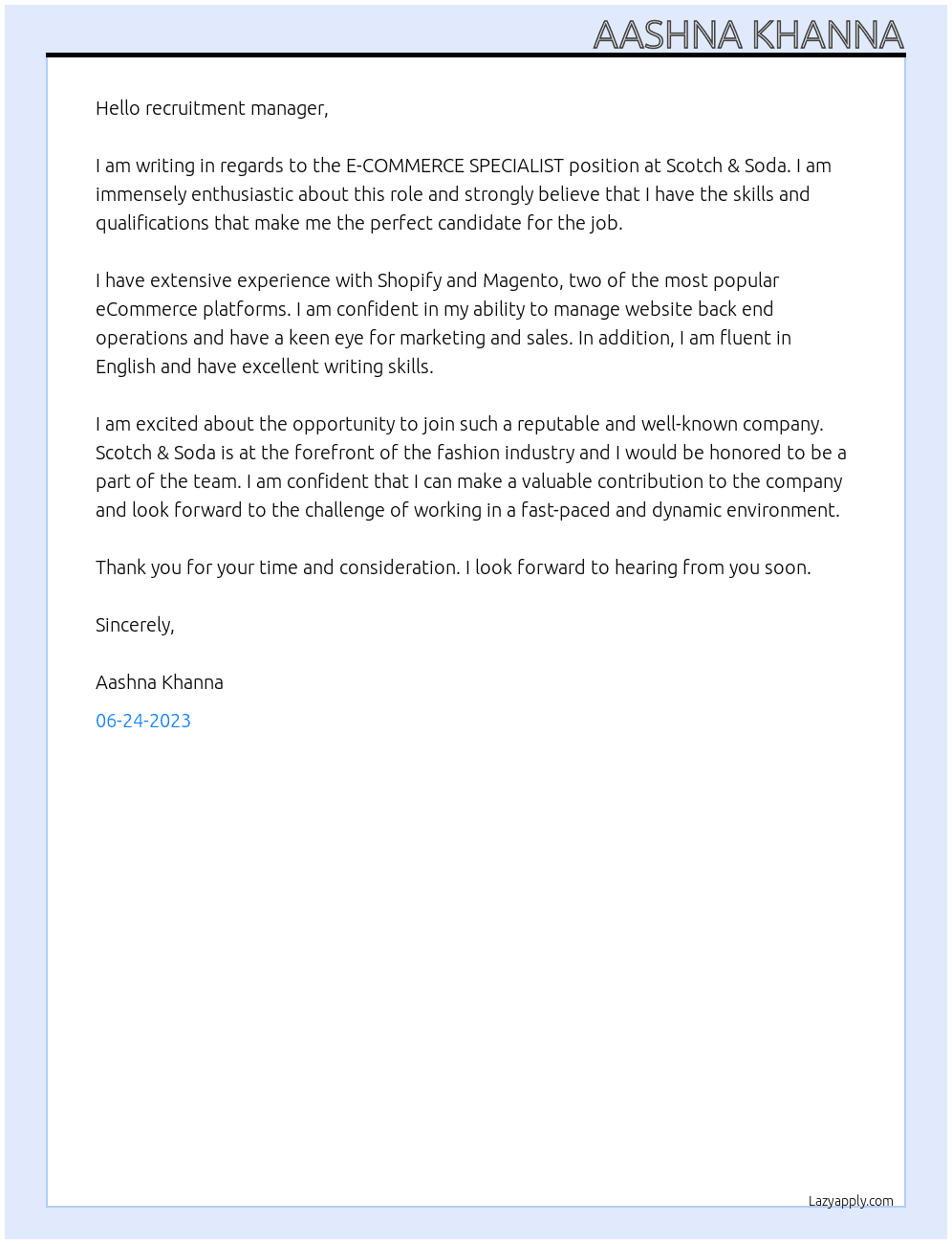 E-COMMERCE SPECIALIST At Scotch & Soda Cover Letter
