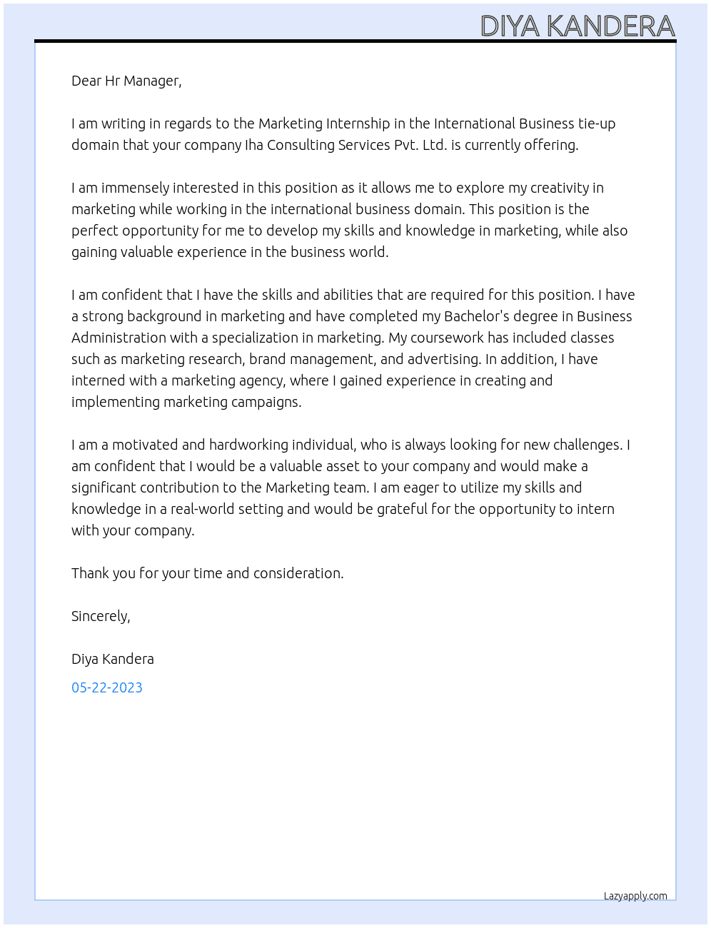Marketing Internship in the International Business tie-up domain At Iha Consulting Services Pvt. Ltd.  Cover Letter