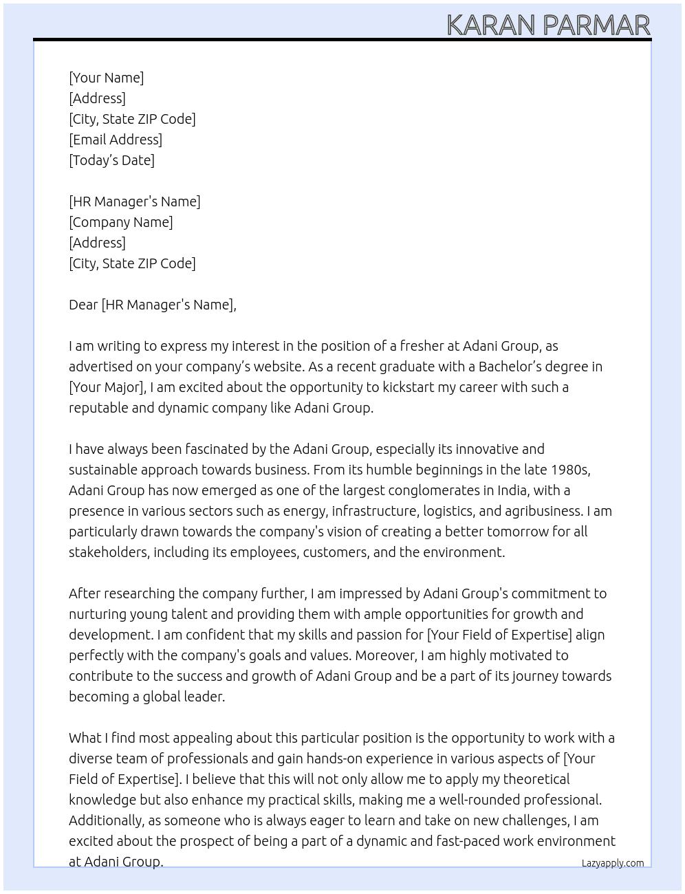 fresher At Adani Group Cover Letter