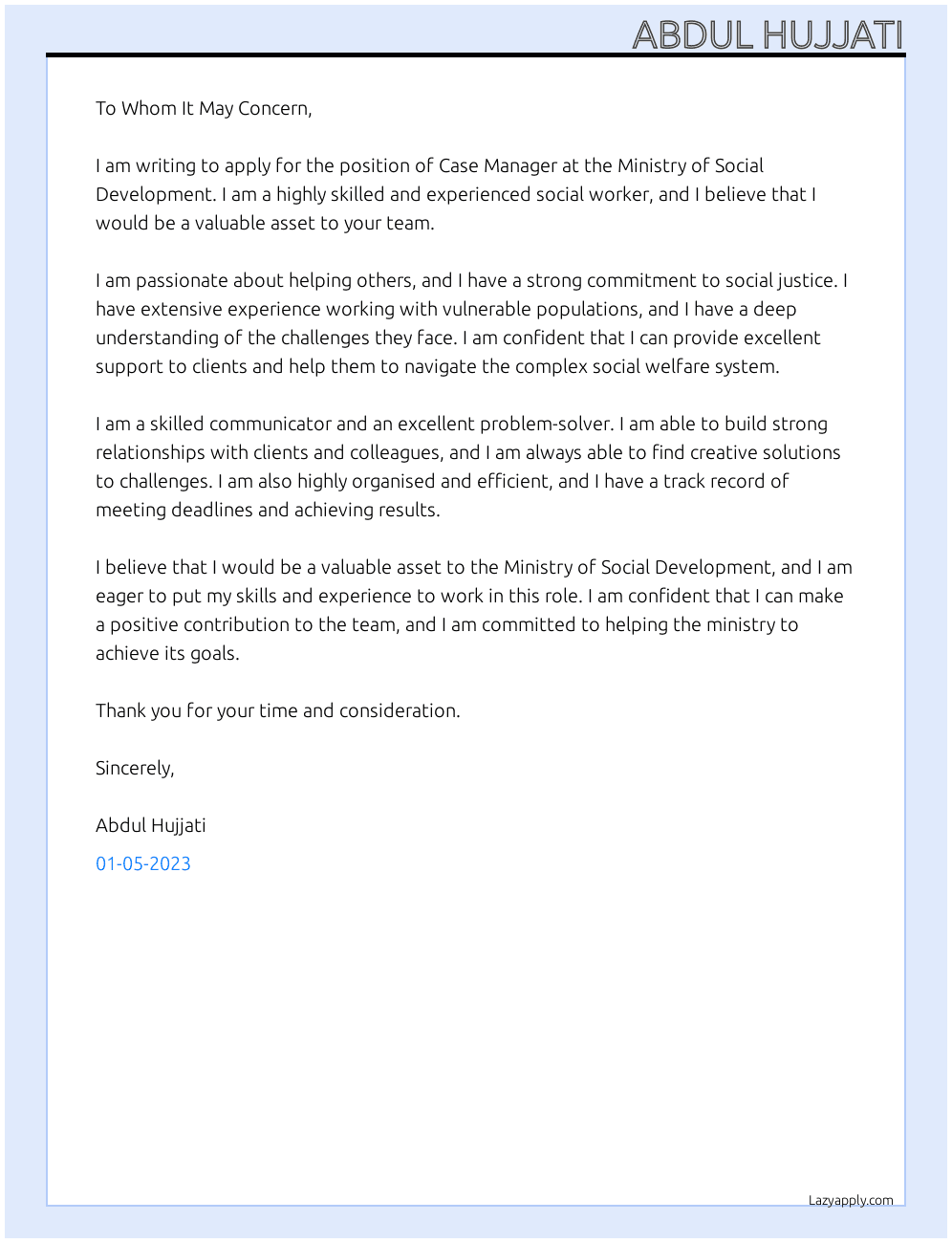 Case Manager At Ministry of Social Development Cover Letter