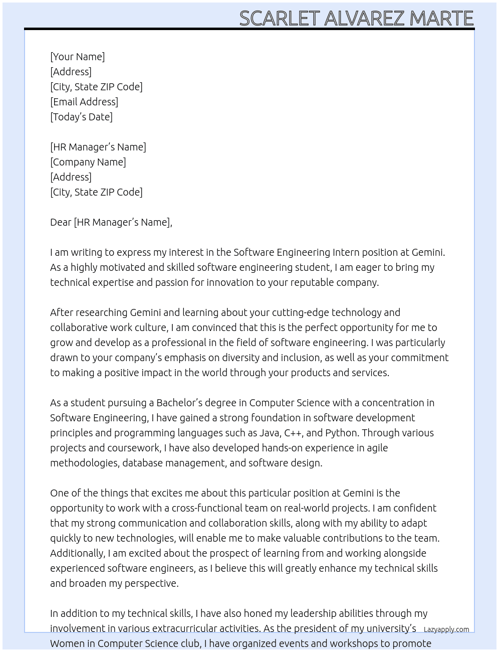 Software Engineering Intern  At Gemini Cover Letter