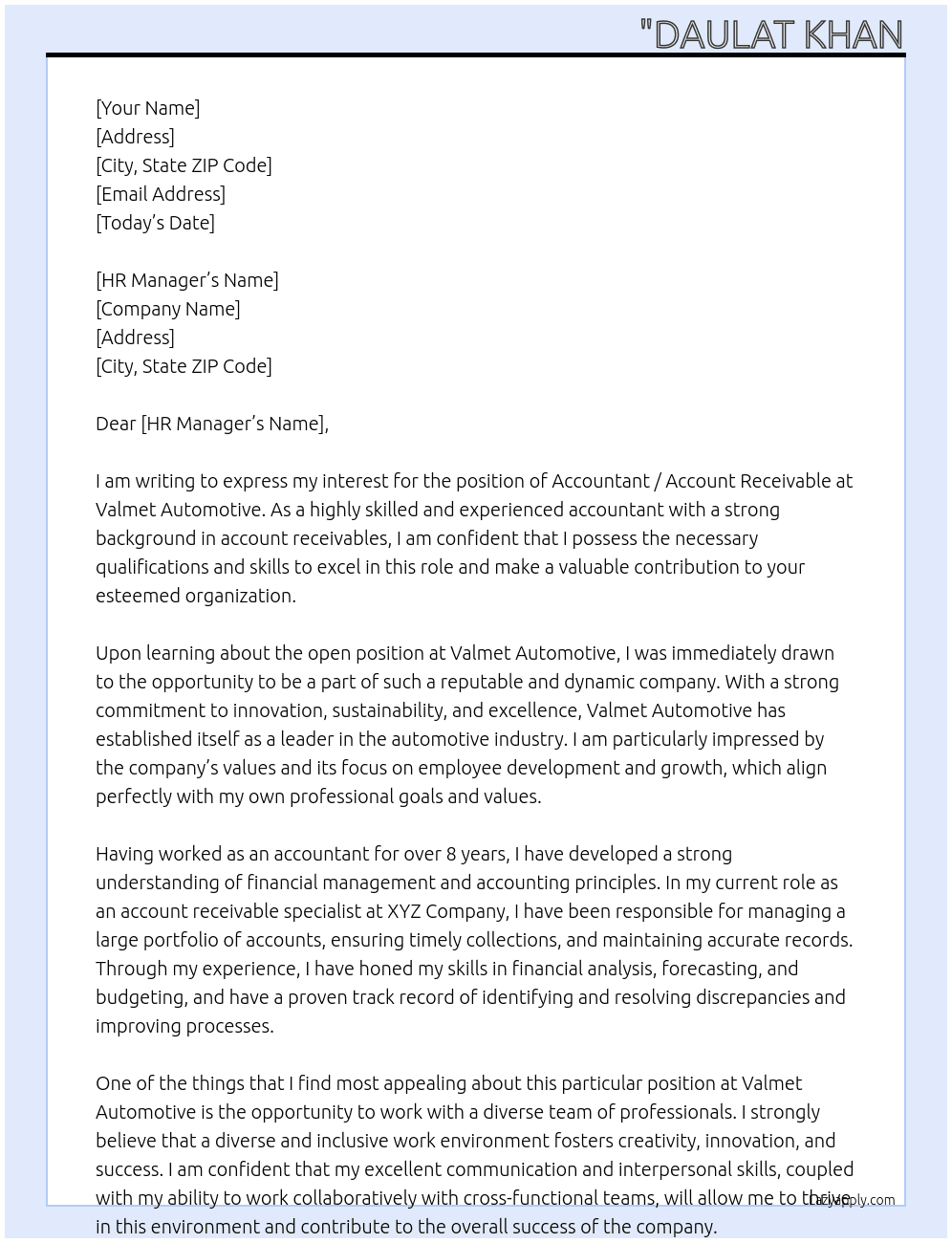 Accountant / Account Receivable At VALMET AUTOMOTIVE Cover Letter