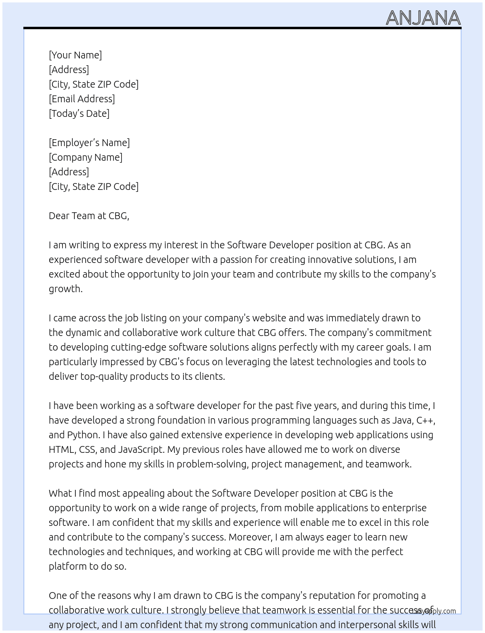 Software developer At CBG Cover Letter