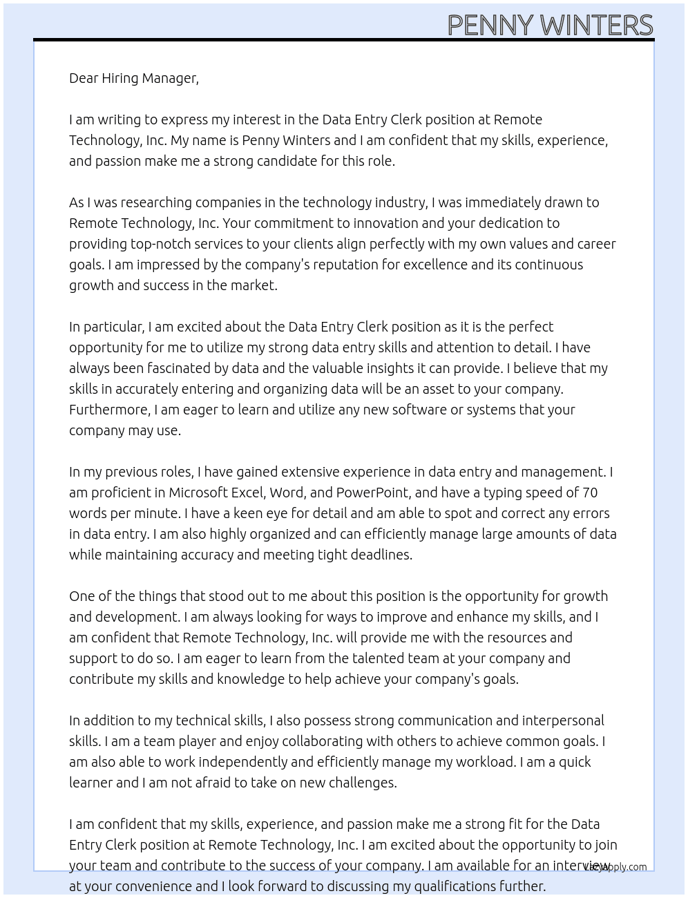 data entry clerk At Remote Technology, Inc Cover Letter