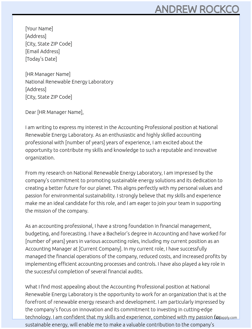 Accounting Professional At National Renewable Energy Laboratory Cover Letter