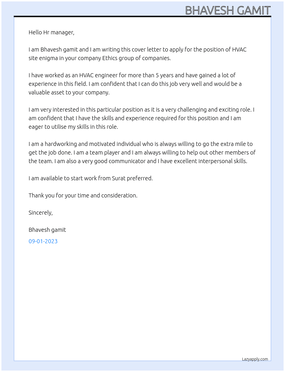 HVAC site enigma  At Ethics group of companies  Cover Letter